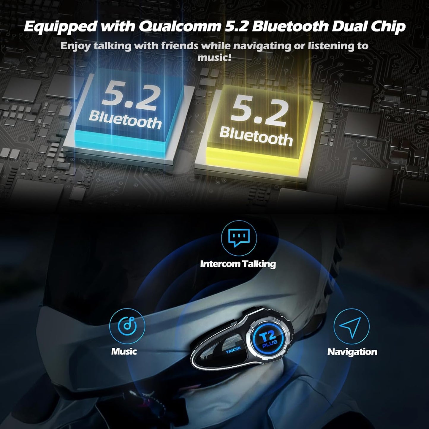 Motorcycle Bluetooth Headset T2Plus Dual Chip MESH Intercom 10-Way Motorcycle Helmet Bluetooth Helmet Intercom Communication Systems with Double Coil Subwoofer Speakers (Black/Silver)