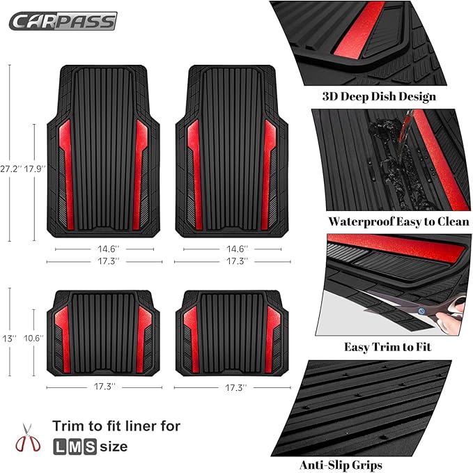 CAR PASS Heavy Duty Rubber Car Mats Metallic, Aluminum Film All Weather Floor Mats Waterproof Universal Trim to Fit Automotive SUV Sedan Van 4 Piece Anodized Deep Dish Two-Tone Sporty Black Red Chrome