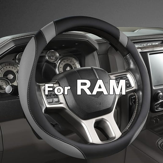 West Llama Customized Auto Car Steering Wheel Cover for Dodge RAM 1500 2500 3500, 15.5-16 inch (Black+Gray-Large Size)