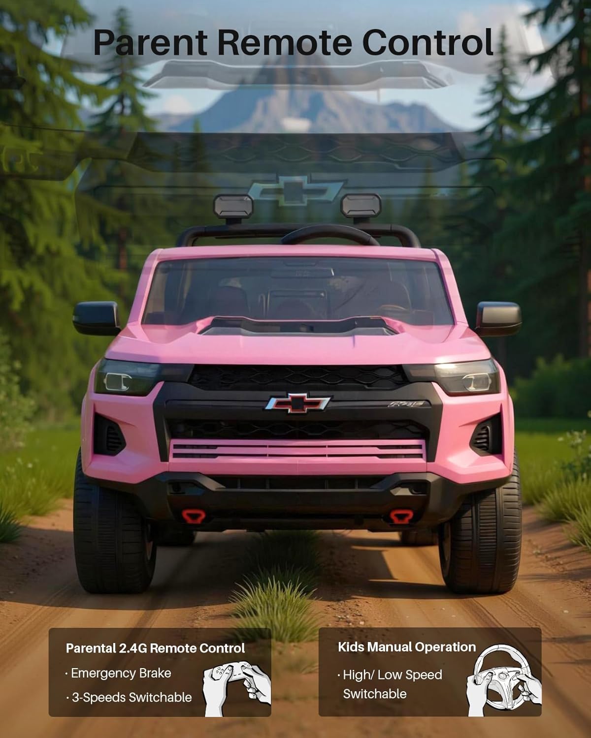 Joywhale 24V Ride on Truck 4WD Kids Electric Vehicle Licensed Chevorlet Ride on car with 7AH Big Battery, 320W Powerful Motors, 2 Seats, Music, 4 Wheel Suspension, 2 Speeds, LED Lights, Rose Red