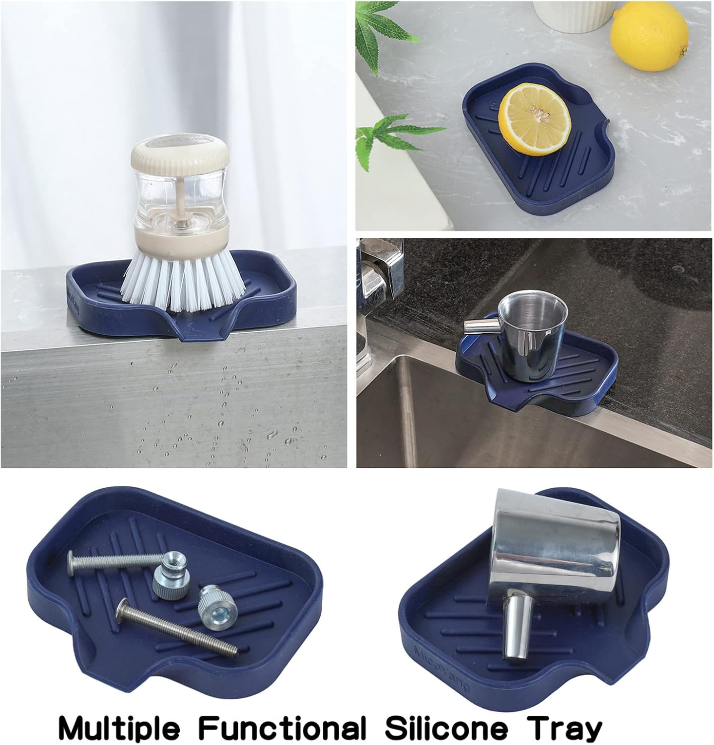 Silicone Bathroom Soap Dishes with Drain Spout-Kitchen Sink Organizer,Sponge Holder,Dish Soap Tray,Perfect for Dispenser,Scrubber,Bottle,Cup on Sink or Counter-Navy Blue 4.9"×3.2"
