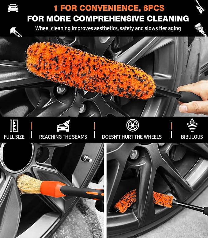 YeewayVeh 8PCS Wheel Brush Kit, Bendable Wheel Rim Cleaner Brush for All Wheel Spokes, Wheel Cleaning Brush Kit with Tire Brush, Rim Brush, Car Detailing Brush and Tire Shine Applicator, Orange