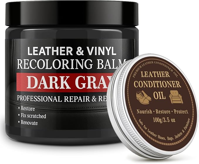 Leather Color Restorer, Leather Recoloring Balm, Scratch Remover, Leather Dye, Leather Paint with Leather Conditioner, Leather Repair Kit for Furniture Couches Car Seats Shoes, Dark Gray