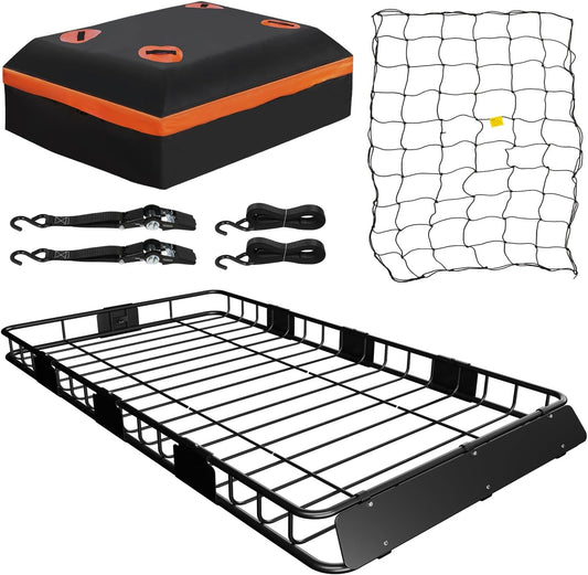 WEIZE Roof Rack Carrier Basket Universal Rooftop 64" x 39" x 5" Large Size Roof Rack + Waterproof Bag, Cargo Net with Attachment Hooks, Ratchet Straps for SUV, Truck
