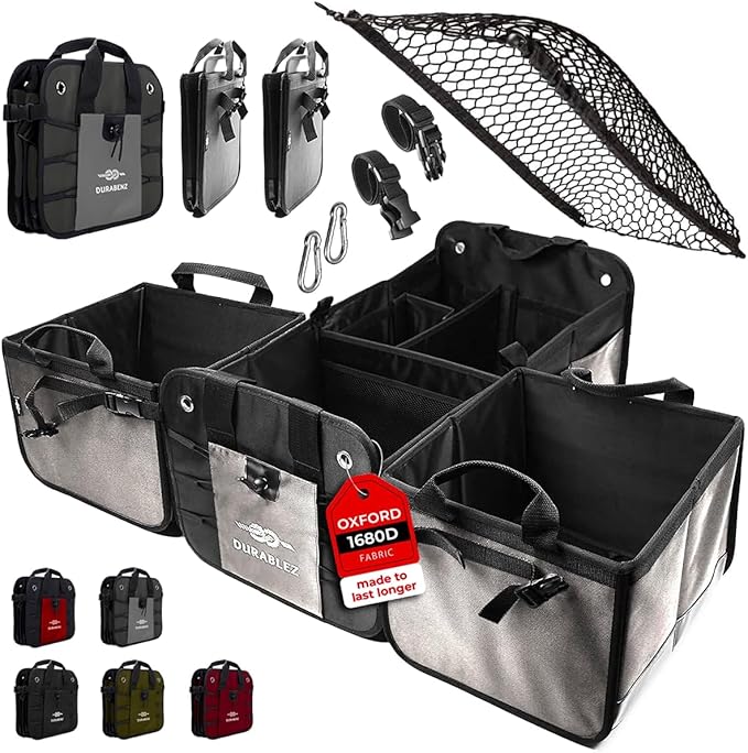 Extra Large Car Trunk Organizer for SUV - Trunk Storage - Modular Configurable Detachable Collapsible - Minivan Truck Sedan Van - 4 Compartment XXL, Gray