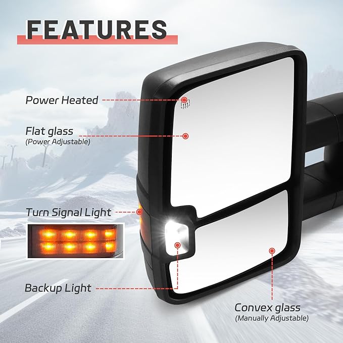 Towing Mirrors Replacement Fit for 2003-2007 Chevy Silverado for GMC Sierra 1500 2500 HD 3500 (2007 only for Classic Model) Black Power Heated Smoked Turn Signal Clearance Lamp Pair LH RH