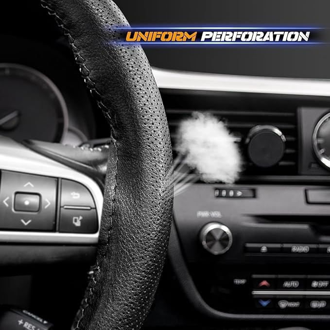 AUTOXBERT 38cm/15 Inch Genuine Leather DIY Steering Wheel Cover Soft Hand Sewing On Wrap Cover with Needles Thread fit for VW Ford Nissan Kia Vauxhall