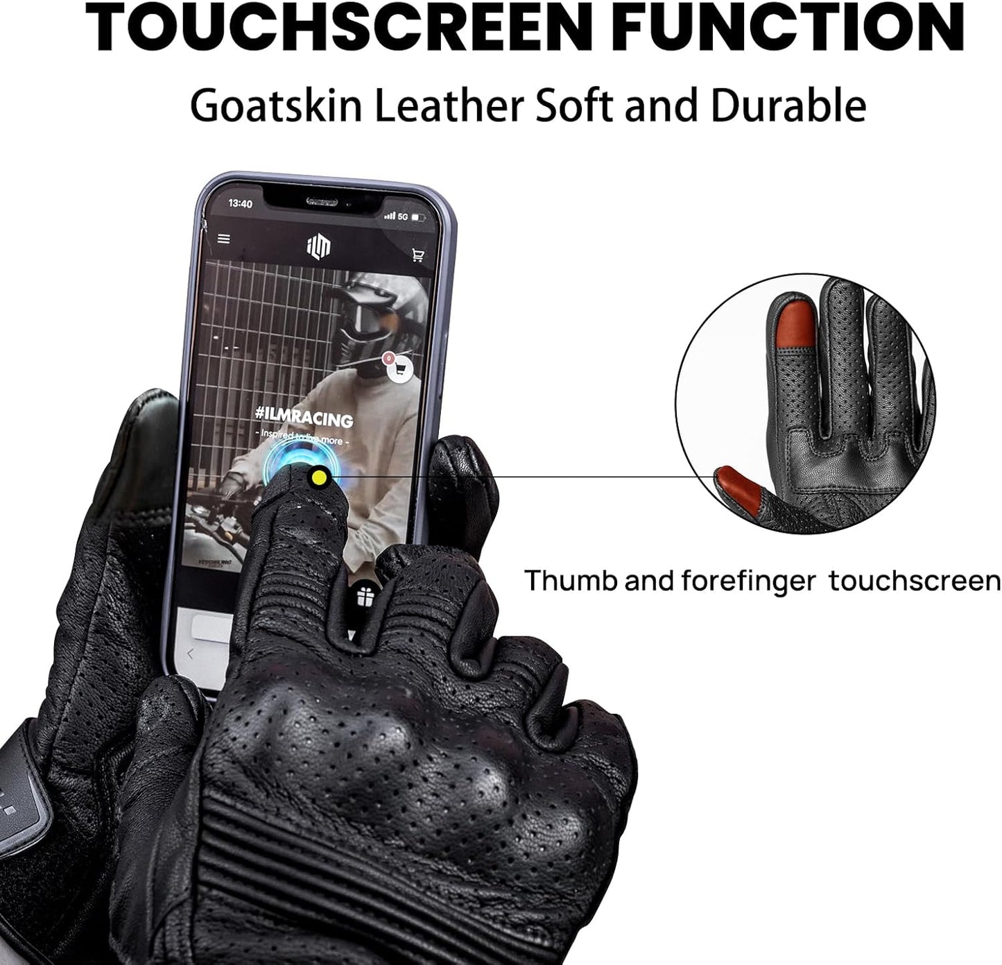 ILM Goatskin Leather Motorcycle Motorbike Powersports Racing Gloves Touchscreen for Men and Women Model DN01(L, Black Perforated)