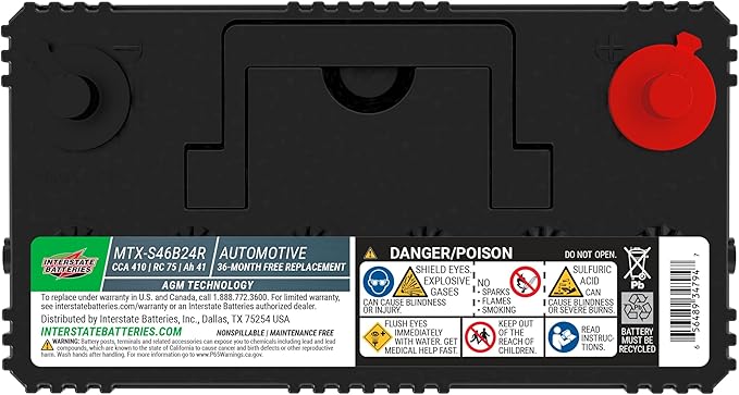 Interstate Batteries Group S46B24R AGM Car Battery Replacement (MTX-S46B24R) 12V, 410 CCA, 36 Month Warranty, Replacement Automotive Battery for Cars