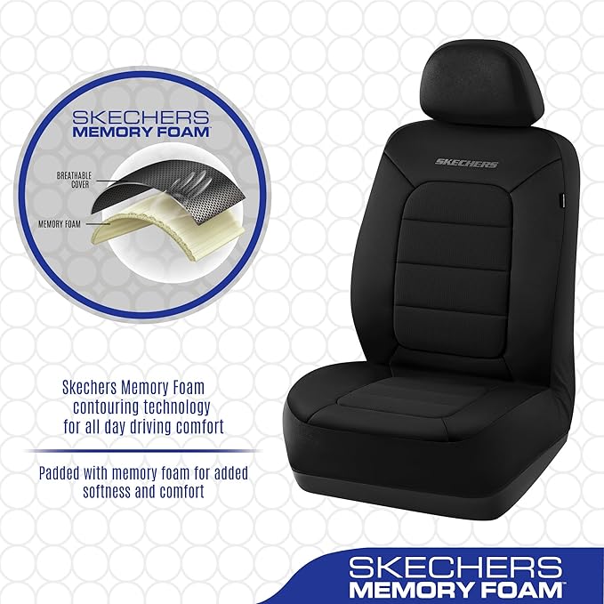 Skechers Memory Foam Seat Covers,Thick Cool Touch Fabric Car Seat Covers,Seat Cover Full Set Airbag Compatible,Automotive Comfort Protection for Most Cars,Vans,Trucks,SUV,Black