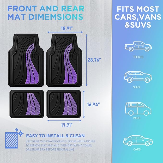 Road Comforts Car Floor Mats Full Set – Front & Rear Car Floor Mats with Aluminum Design, Anti-Slip Backing, All-Weather Protection, Trim-to-Fit Car Mats for Most Sedans, SUVs & Vans - Lighet Purple