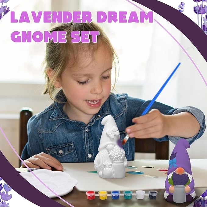 Seenelling 2 Pack Lavender Dream Gnomes Ready to Paint Your Own Statues 4'' DIY Unpainted Ceramics Figurines Kit Paintable Ceramics Art and Crafts Purple Fragrance Wonderland Journey Decor
