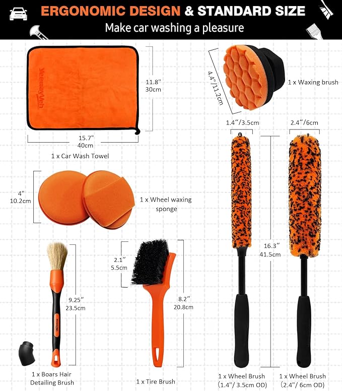 YeewayVeh 8PCS Wheel Brush Kit, Bendable Wheel Rim Cleaner Brush for All Wheel Spokes, Wheel Cleaning Brush Kit with Tire Brush, Rim Brush, Car Detailing Brush and Tire Shine Applicator, Orange