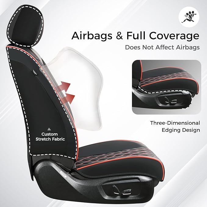 Huidasource Seat Covers for Car, Full-Cover Nappa Leather Car Seat Covers Full Set Waterproof, Black Car Seat Cover Front ＆ Back Seat Fit for Most Cars, Vans, Trucks, SUVs (Full Set/Black&Red)