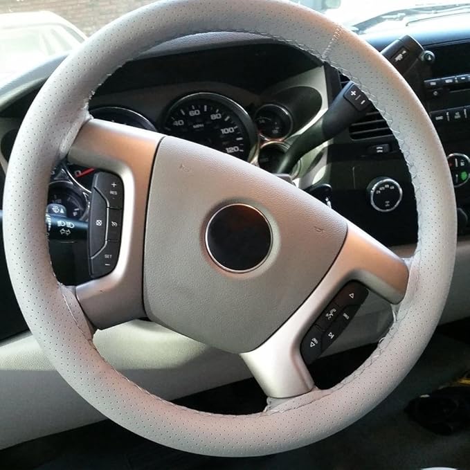 Onerbuy Universal Leather Car Steering Wheel Stitch On Wrap Cover DIY Sewing Breathable and Anti Slip, 15-Inch (Gray)