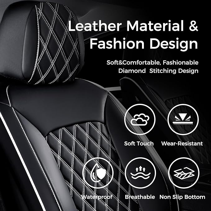 Huidasource Universal Car Seat Cover, Front and Back Full Set Seat Covers, Automotive Waterproof Nappa Leather Car Seat Cover Set Universal Fit for Most Cars, Vans, Trucks, SUVs (Full Set/Black&White)