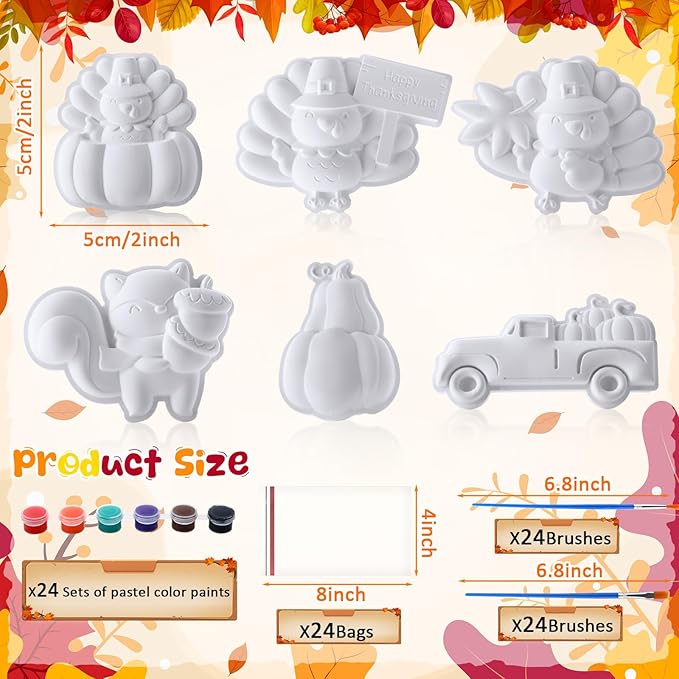Foilswirl 24 Set Thanksgiving Turkey Ceramic to Paint Thanksgiving DIY Painting Kit Paint Your Own Fall Pumpkin Crafts Unpainted Turkey Figurine Plaster with Brushes Bags for Decor Party Favor Gifts