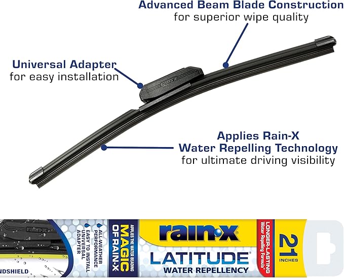 Rain-X 5079278-2 Latitude 2-In-1 Water Repellent Wiper Blades, 21 Inch Windshield Wipers (Pack Of 1), Automotive Replacement Windshield Wiper Blades With Patented Repellency Formula