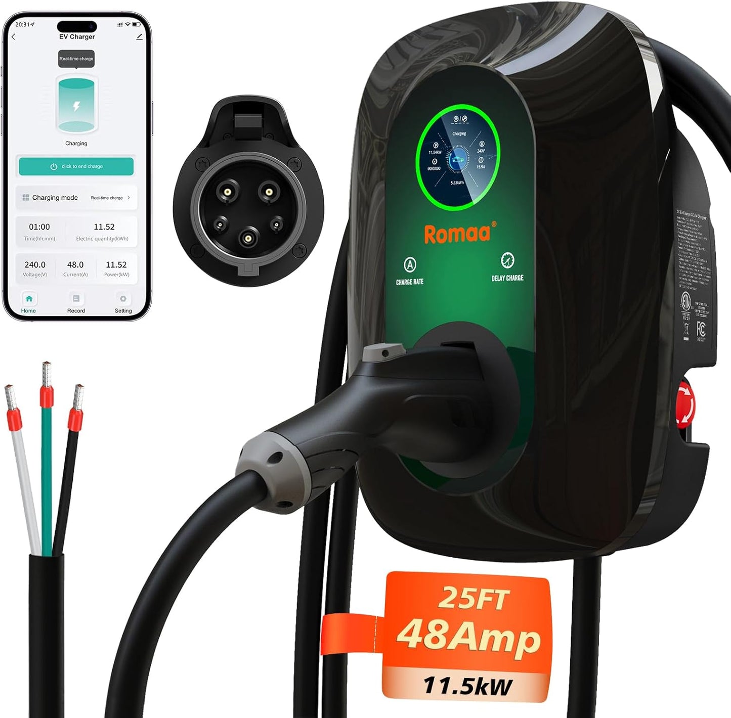 Level 2 EV Charger, 48 Amp 240V Hardwired Fast Charging, Smart WiFi Control, Adjustable Current, Delay Timer, 25ft Cable, J1772 Charger, EV Chargers for Home Level 2, LCD Display, Black