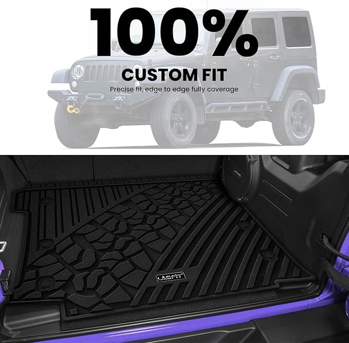 LASFIT Trunk Mat for Jeep Wrangler JL 2018-2024 2025 4 Door Cargo with SUBWOOFER, All Weather TPE Custom Fit Cargo Mat Fit for Flat Load Floor Gas Type, Black (Not for JK/Not PHEV/Not 2-Door)