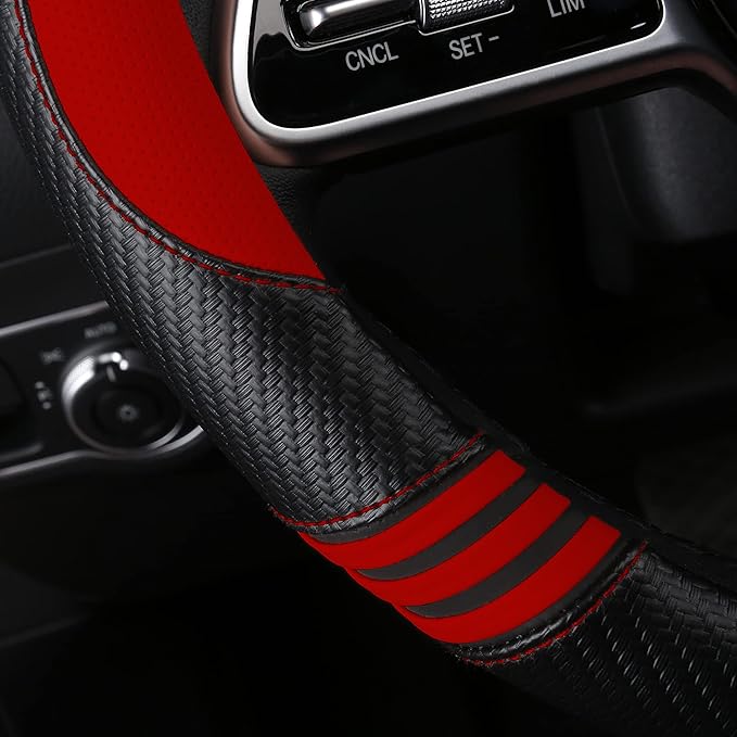 Car Steering Wheel Covers for Women Padded Carbon Fiber PU Leather Cute Auto Interior Accessories for Vehicle, Sedan, Universal, Anti Slip, Red, Standard Size 14.5-15"(37-38cm)