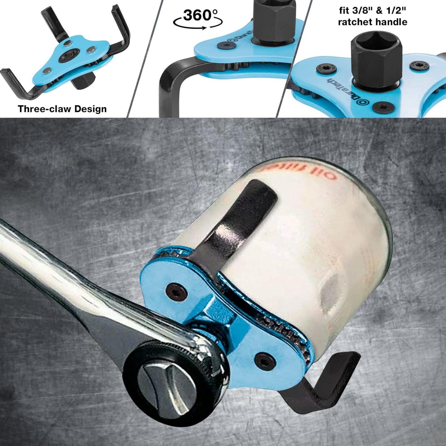 DURATECH 8-Piece Oil Filter Swivel Wrench Set, Wrenches Cover 2-3/4" to 5-1/4", 9" & 12" Adjustable Oil Filter Pliers, Universal 3-Jaw Removal Tool with 1/2" to 3/8" Adapter, Organized in Storage Case