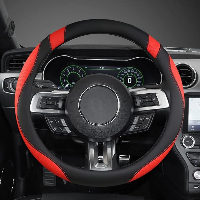 West Llama Car Steering Wheel Cover for Ford Escape,Explorer,Fusion,Focus,Bronco,Transit,Edge(Black+Red- Standard Size)