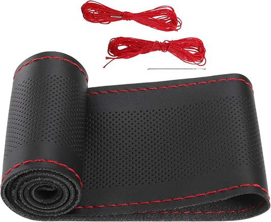 Car Hand Sewn DIY Steering Wheel Cover Breathable Comfortable 32-35cm Stitch on Wrap Cover Microfiber Leather Black Stitches Red