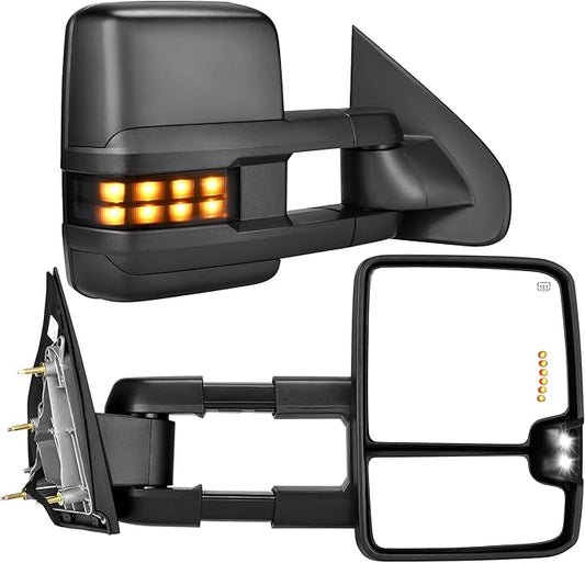 AUTOSAVER88 Towing Mirrors Compatible with 2014-2018 Silverado Sierra 1500 2500HD 3500HD Power Heated Smoke LED Turn Signal Manual Telescoping Folding Clearance Light Reverse Light Black Housing