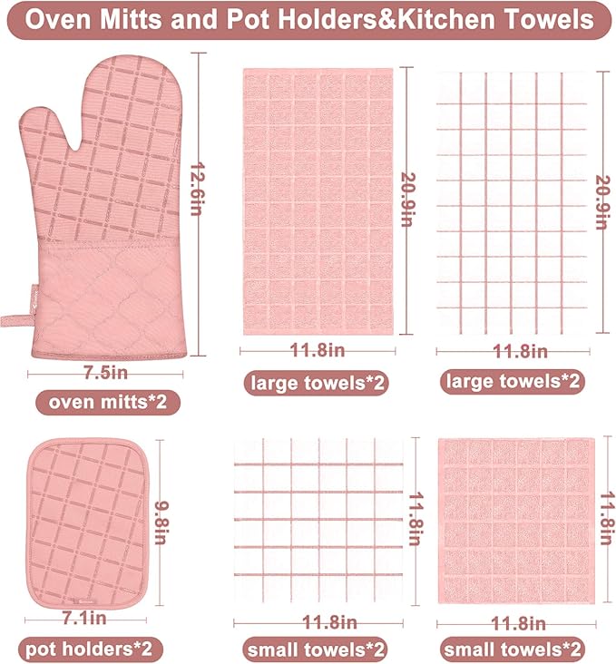 Oven Mitts Pot Holders Sets/Kitchen Towels and Dishcloths, Oven Gloves Kitchen Dish Towels 500 Degree Heat Resistant Potholders with Non-Slip Silicone Surface for Cooking, Grilling, Baking-Pink