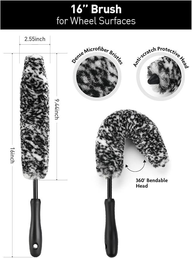 Fantasticlean 6PCS Car Wheel Cleaning Pro Kit, Tire Brush, Soft-bristled Rim Brush, Microfiber Bendable Brush, Double-Ended Detailing Brush, and Detailing Pads, Scratch-Free & Multipurpose