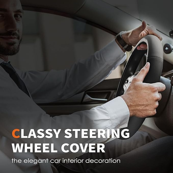 HOTOR Car Steering Wheel Cover - Universal Car Accessory for Diverse Cars, Leather Cover with Anti-Slip Lining, for Steering Wheel with a Diameter of 14.5"-15",Black