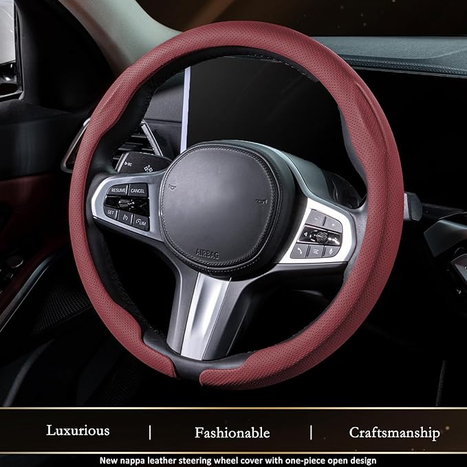 Aimato Nappa Leather Steering Wheel Cover, Ultra-Thin Car Steering Wheel Cover,Comfortable & Breathable Microfiber,Universal Fit for Most Cars,Wine Red