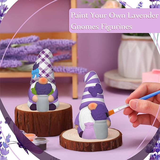 Seenelling 2 Pack Lavender Dream Gnomes Ready to Paint Your Own Statues 4'' DIY Unpainted Ceramics Figurines Kit Paintable Ceramics Art and Crafts Purple Fragrance Wonderland Journey Decor
