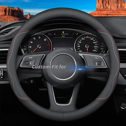 Custom-Fit for Alfa Romeo Steering Wheel Cover, Premium Leather Car Steering Wheel Cover with Logo, Non-Slip, Breathable (A-Style,for Alfa Romeo)
