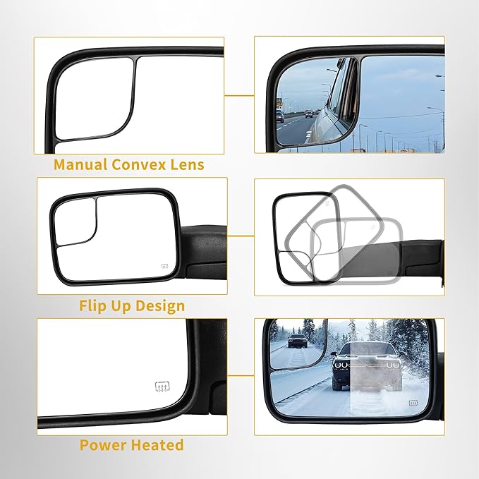 DWVO Side Towing Mirror Compatible with 2002-2008 Dodge Ram 1500, 2003-2009 Dodge Ram 2500 3500 Pickup Truck, Power Adjustable Heated, Manual Folding Flip-up Door Mirror