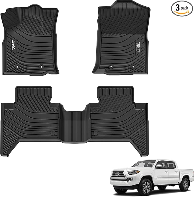 3W Floor Mats Fit Toyota Tacoma 2016-2023 (Only for Double Cab and Automatic), TPE All Weather Custom Fit Floor Liner for Toyota Tacoma SR/SR5/TRD/Limited/Trail Accessories Car Liners, Black