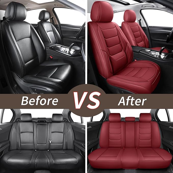 Leather Car Seat Covers Full Set Breathable Automotive Seat Covers Waterproof Seat Protectors Universal Fit for Most Automotive Cars SUV Trucks(Red, Full Set)