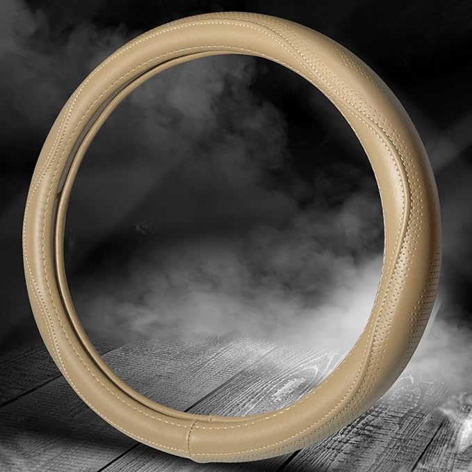HAOKAY Top Grade Beige Genuine Leather Steering Wheel Cover Men Women, Luxury Steering Wheel Cover for Cars, SUVS and Trucks, Universal 14.5-15 inch