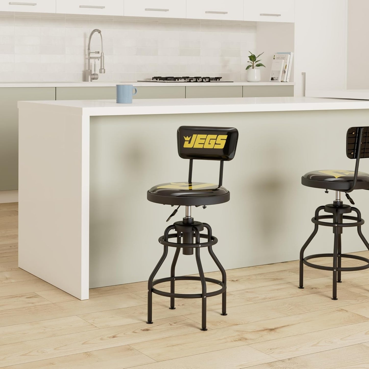 JEGS Hydraulic Shop Stool with Backrest - Adjustable Height (28" to 32.5") & 360 Degree Swivel - Vinyl Padded Seat & Backrest - Heavy Duty - Up to 300lb Capacity