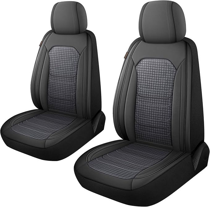 CAROMOP Premium PU Leather&Flannel Car Seat Covers 2 Front Set with Breathable Cloth,Universal Fit for Most Car Interior Covers-Sedan Truck SUV(Black/Grey)