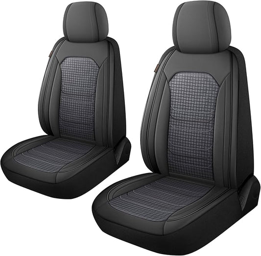 CAROMOP Premium PU Leather&Flannel Car Seat Covers 2 Front Set with Breathable Cloth,Universal Fit for Most Car Interior Covers-Sedan Truck SUV(Black/Grey)