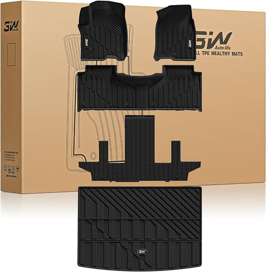 3W Floor Mats & Cargo Liner for 2021-2025 Chevy Suburban (Only 7 Seats (Not Fit 8/9 Seats) / Yukon XL (Not Fit Yukon) /Escalade ESV 7 Seat, TPE All Weather Custom Fit Full Set Car Liner,Bucket Seat
