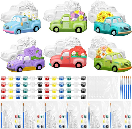 JellyArch 6 Set Spring DIY Painting Kit Ceramic 3D Ceramic Truck with Flowers to Paint Your Own Truck with Daisy Sunflower Tulip Statues Unpainted Plaster Craft with Brush Paint Bag for Adult