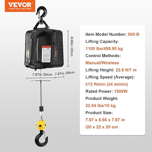 VEVOR 2-in-1 Electric Hoist Winch, 1100 lbs Capacity, 1500W Portable Power Winch Crane, 22.9 ft Lifting Height, 13 ft/min with Wireless Remote Control, for Garage, Warehouse, Factory Lifting Towing