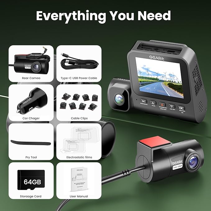 GEARit 3-Channel Dash Cam - 4K Front and Rear Dash Camera for Cars - Front, Inside, Rear Recording - 24/7 Coverage - Triple Dashcam with Night Vision and Loop Recording - Ideal Car Camera System