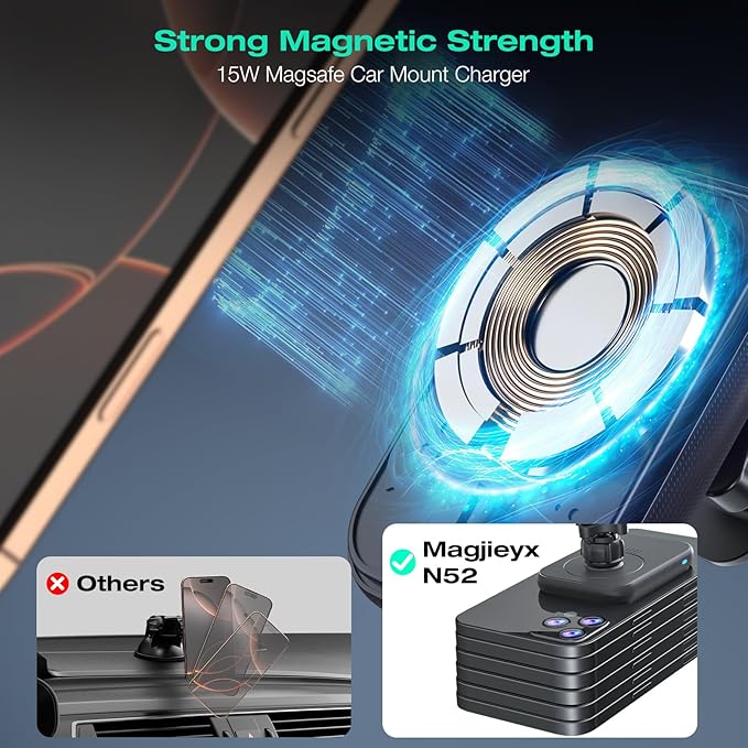 for MagSafe Car Mount Charger, (15W Fast Charging) Magnetic Wireless Charging Phone Holder Fits iPhone 16/15/14/13/12 Pro Max Plus/MagSafe Case on Dash/Windshield/Air Vent/Desk Bumpy Roads