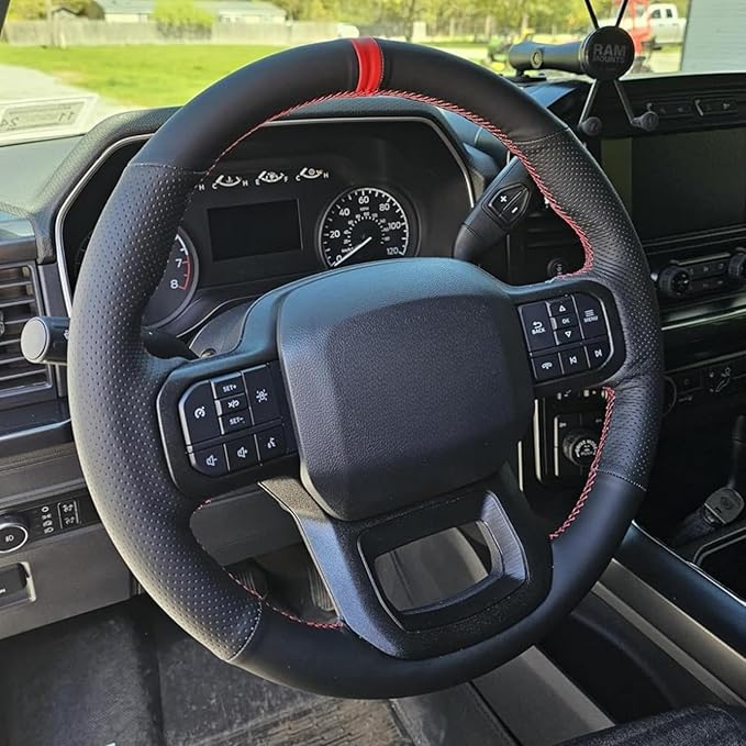 MEWANT DIY Hand Stitch Black Genuine Leather Steering Wheel Cover for Ford F-150 2021-2023 / F-150 Lightning 2022-2023