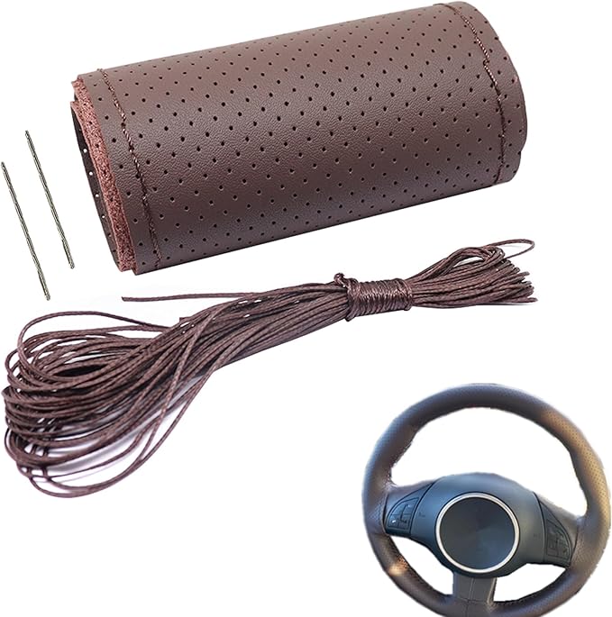 GXARTS 14.5-15-Inches Universal Steering Wheel Cover Leather Breathable Brown Coffee Color Stitch On Wrap Cover DIY Sewing Steering Wheel Protector Anti Slip Fit for Most Cars SUVs and Trucks