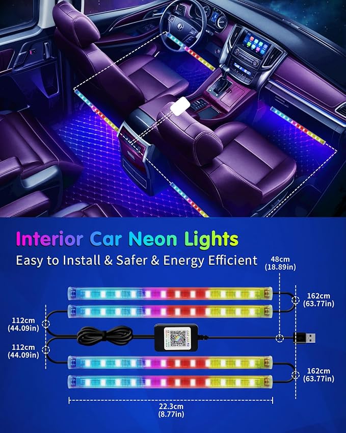 RGB Interior Car Strip Lights with Smart APP Control, Music Sync Under Dash Footwell Neon Internal Lighting Kit 2 Lines Design,12V LED Strip Lights for Cars, Trucks, SUVs with Car Charger(1 Set)